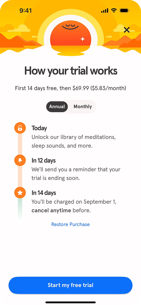 Headspace: таймлайн пробного периода